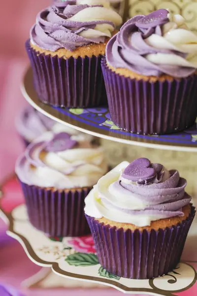 Cupcakes with vanilla and blueberry frosting — Stock Photo, Image