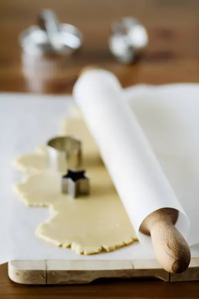 Elevated View Rolled Out Biscuit Dough Rolling Pin Paper Cookie — Stock Photo, Image