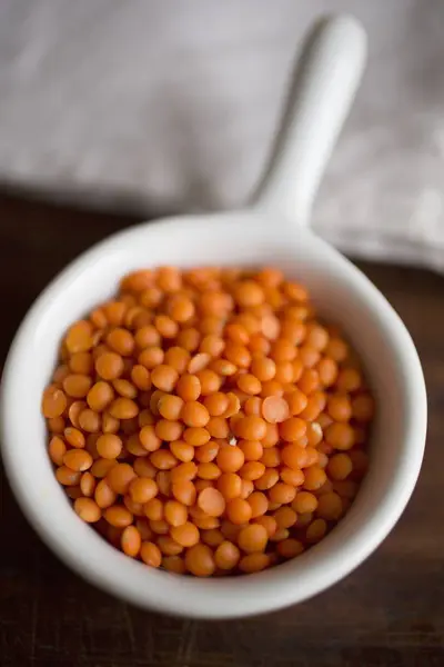 Closeup View White Bowl Red Lentils — Stock Photo, Image