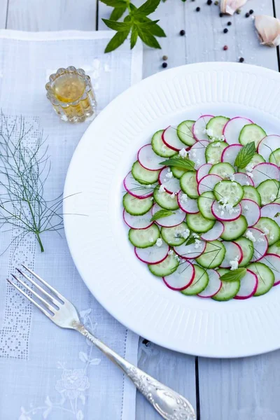 Top View Cucumber Radish Salad Fennel Garlic White Plate — Stock Photo, Image