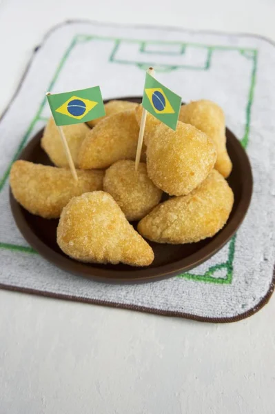 Closeup Véve Salgadinhos Töltött Sütemények Foci Témájú Dekoráció Brazil Zászlóval — Stock Fotó
