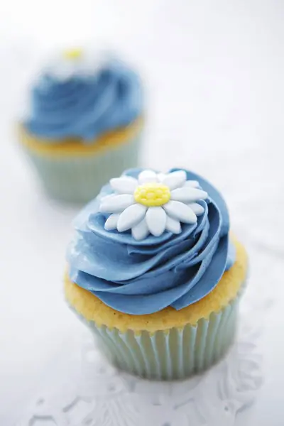 Cupcakes with blue buttercream icing — Stock Photo, Image