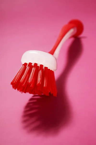 Closeup View One Washing Brush Pink Surface — Stock Photo, Image