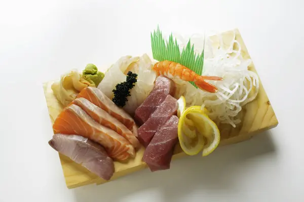 Sashimi, saumon, thon, bois, planche , — Photo