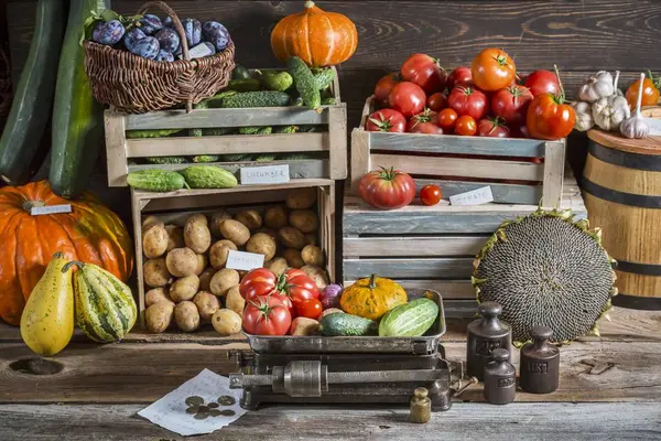 Légumes Prunes Dans Marché Avec Boîtes Caisses — Photo