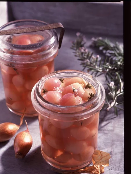 Jars Pickled Shallots Cider Vinegar — Stock Photo, Image