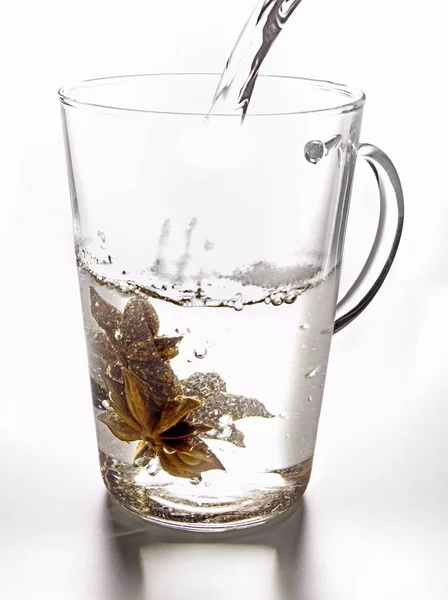 Nahaufnahme Des Gießens Von Wasser Ein Glas Mit Sternanis — Stockfoto
