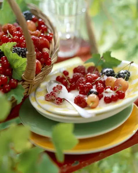 Nahaufnahme Verschiedener Beeren Mit Zucker Und Blättern Auf Tellern — Stockfoto