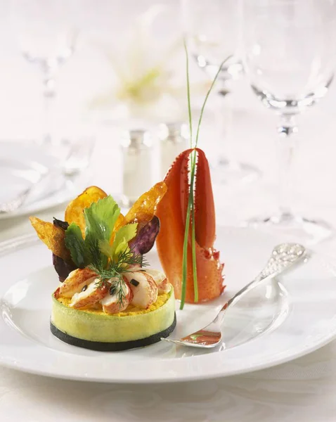 Lobster Timbale Placă Albă Furculiță — Fotografie, imagine de stoc