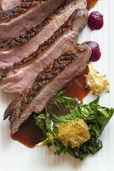 Duck Breast Fried Skin Cherry Sauce Allspice — Stock Photo, Image