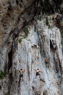 Rock-climbers yukarıya doğru dik kaya üzerinde olsun