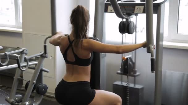 Female athlete doing reverse Pec-Deck flye in gym indoors. — Stock Footage Female athlete doing reverse Pec-Deck flye in gym indoors. Stock Footage