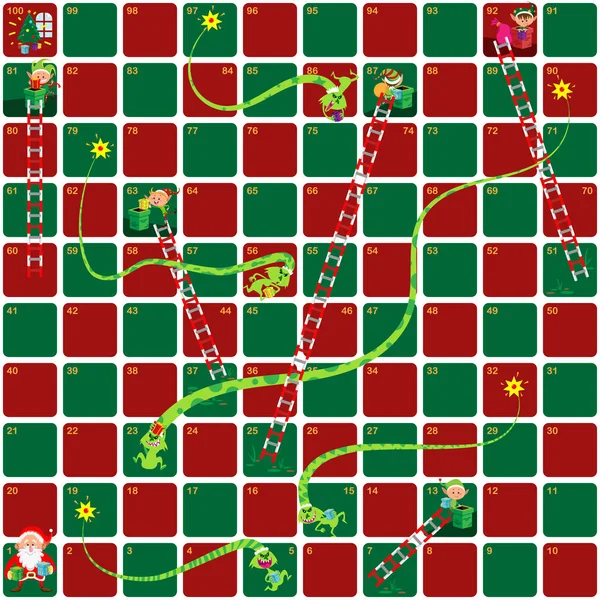 Snakes Ladders Game Christmas Version Little Santas Helper Holding Gift — Stock Vector