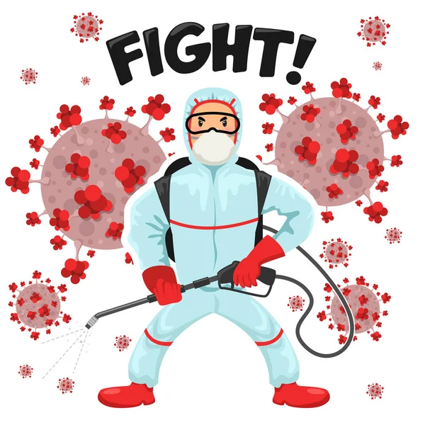 武漢の流行からCovid 19コロナウイルスと戦うために保護医療スーツを着た男 — ストックベクタ