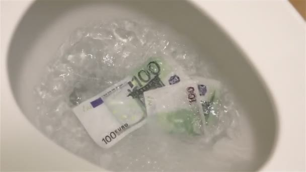 Video av spolning eurosedlar i toalettstolen i äkta slow motion — Stockvideo