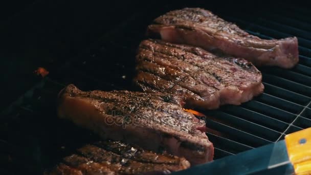 Vídeo de alta qualidade de bifes na churrasqueira em câmera lenta — Vídeo de Stock
