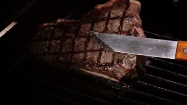 Video of cooking steak on the grill in real slow motion — Stock Video