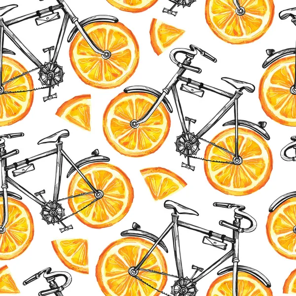 pattern bicycles with orange wheels