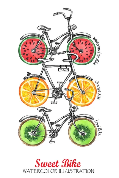 Велосипеды со свежими фруктами колеса — стоковое фото