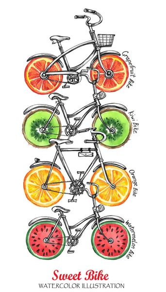 Велосипеды со свежими фруктами колеса — стоковое фото