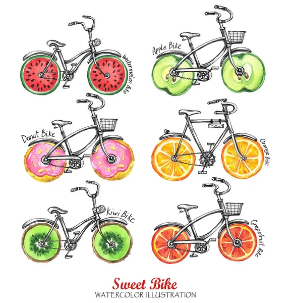 Aquarel fietsen met vers fruit — Stockfoto