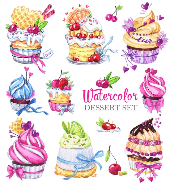 Watercolor tasty dessert set.