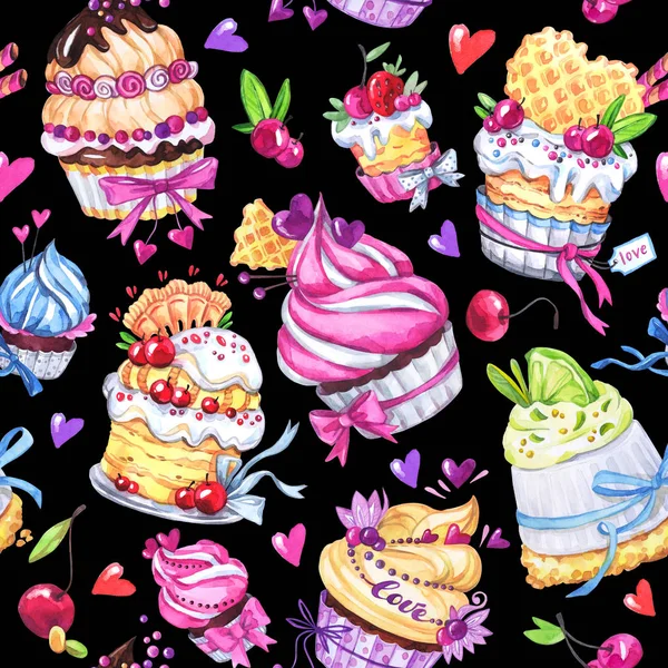 Naadloze patroon met smakelijke desserts — Stockfoto