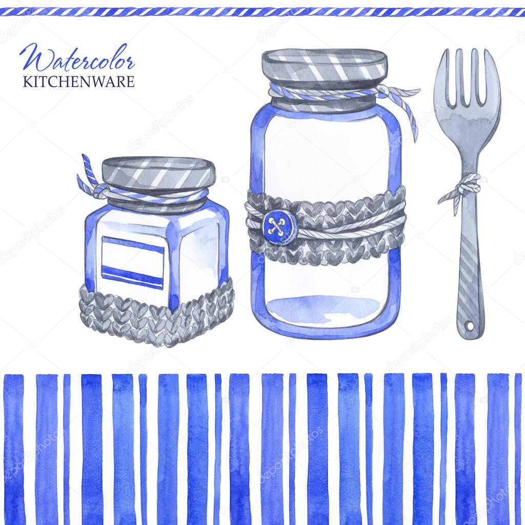 Watercolor illustration with isolated glass jars