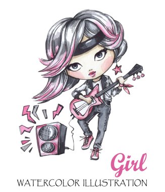 rock girl playing electric guitar. 