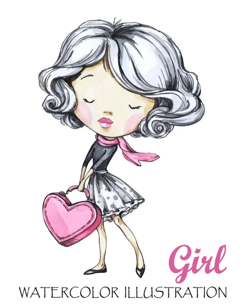 Chica romántica con bolsa de corazón — Foto de Stock