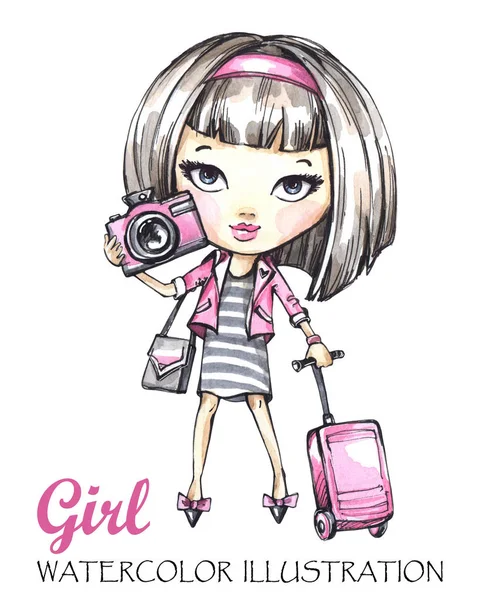 Akvarelu putovní holka s fotoaparátem — Stock fotografie