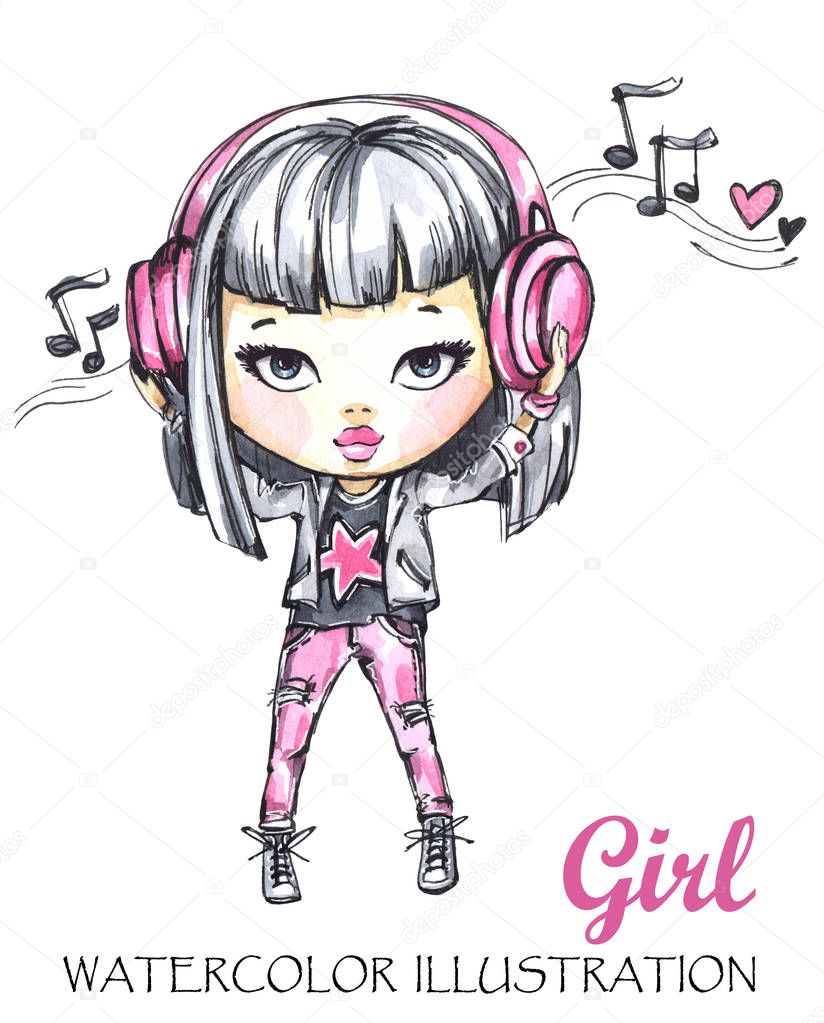  girl listening music with headphones