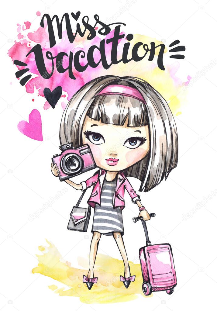 Watercolor card cute girl with camera 