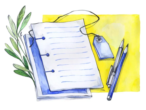 水彩メモ帳、ペン、鉛筆と花. — ストック写真