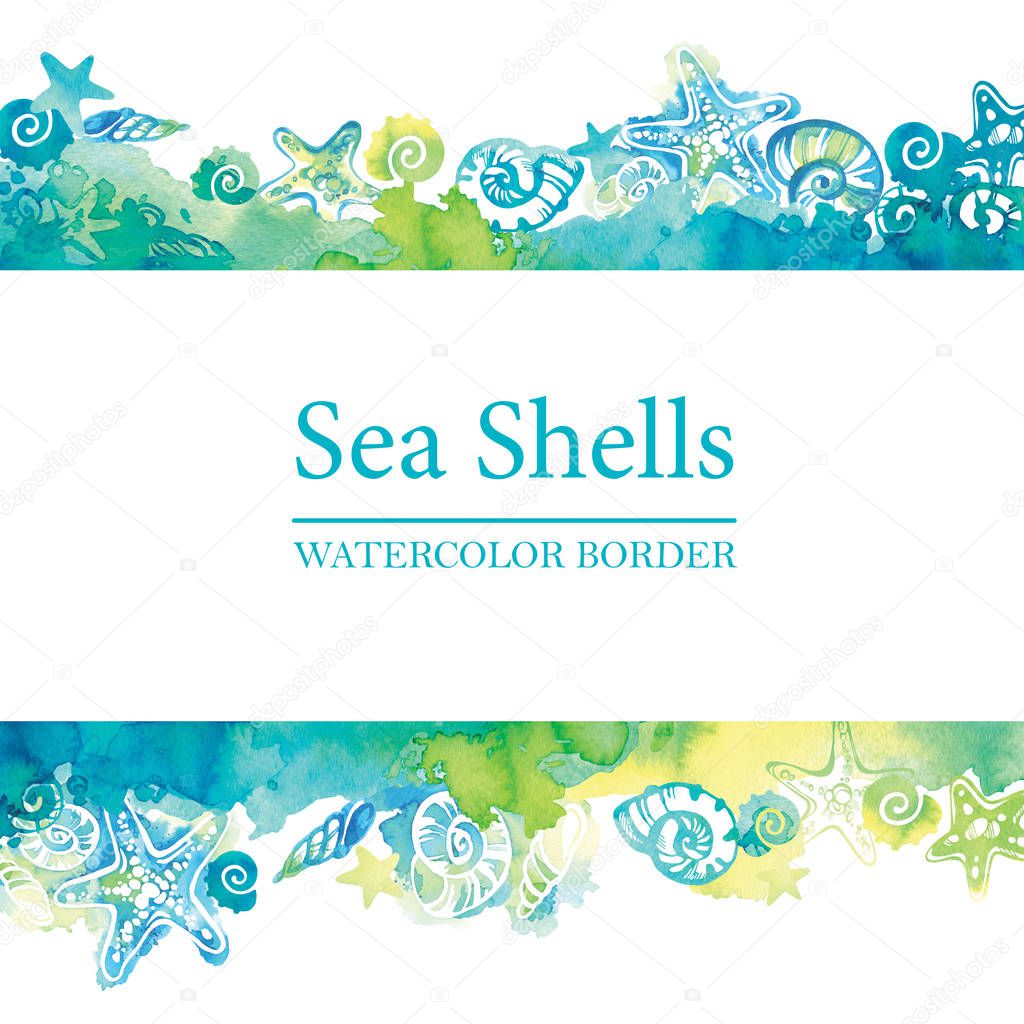 border with watercolor sea shells