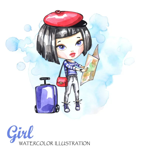Dívka s cestovní taška při pohledu mapu. — Stock fotografie