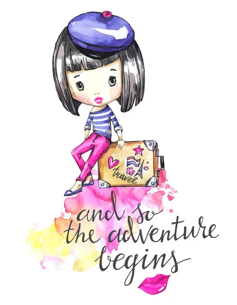 Mladá dívka akvarel kartu s cestovní taška. — Stock fotografie