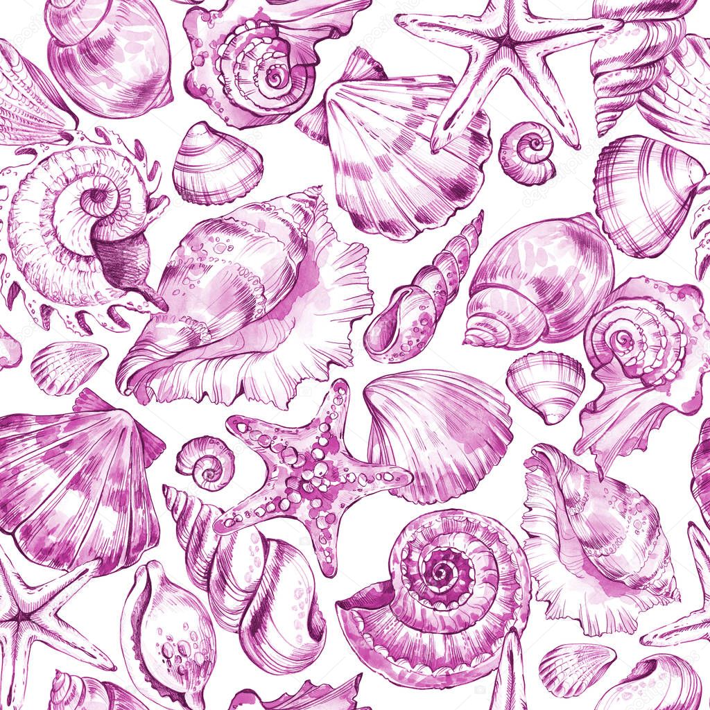 Hand painted seashells pattern.