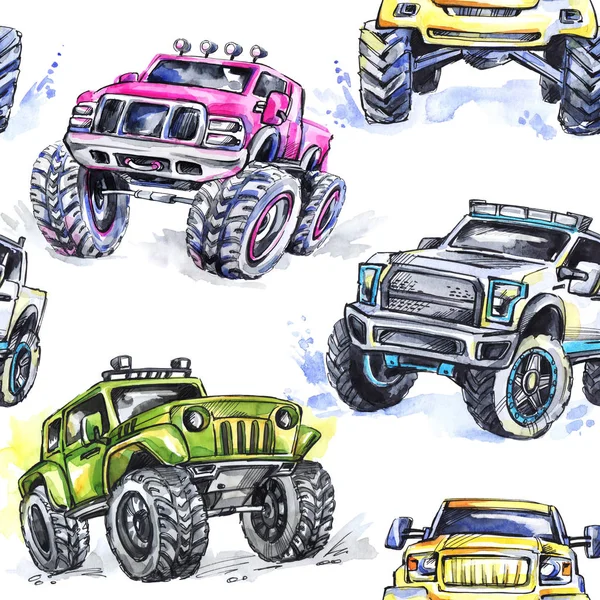 Seamless pattern with Cartoon Monster Trucks. — Stock Photo, Image