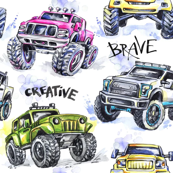 Naadloze patroon met Cartoon Monster Trucks. — Stockfoto