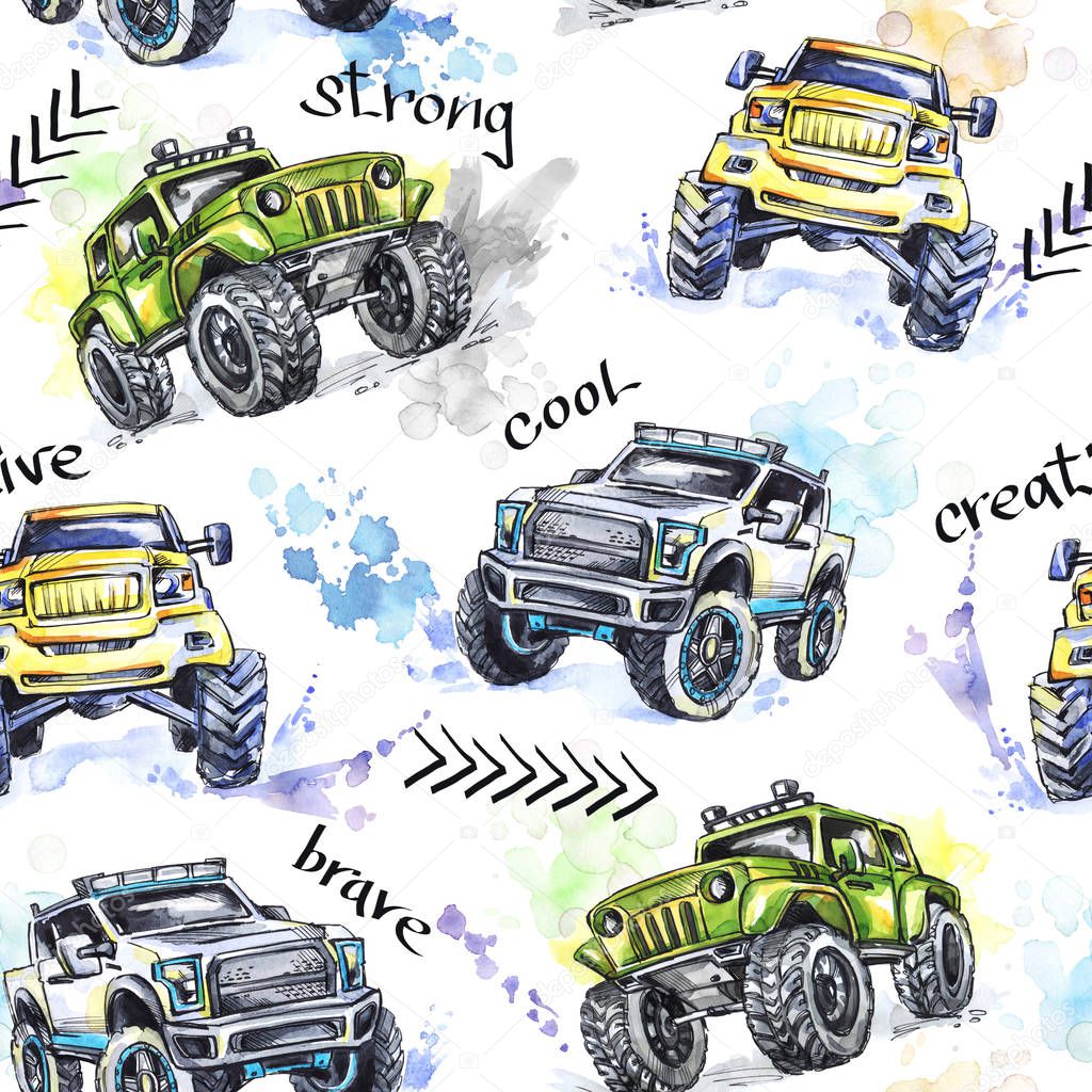 seamless pattern with Cartoon Monster Trucks. 