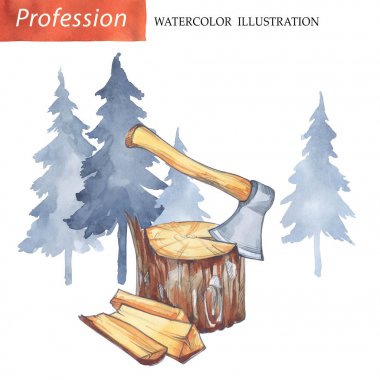 Hand painted stump with  axe clipart