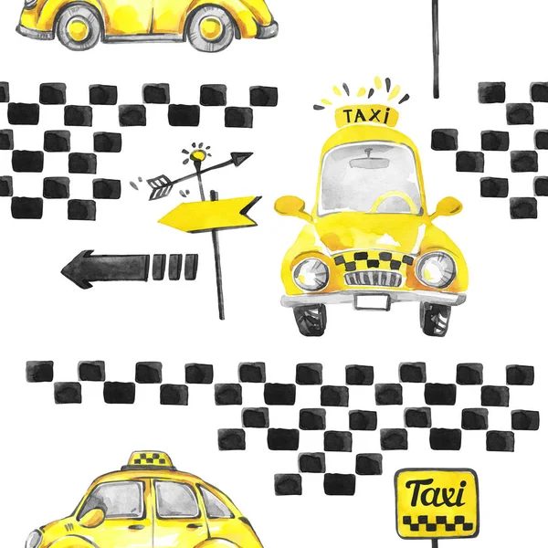 Watercolor sem costura carros de táxi padrão — Fotografia de Stock