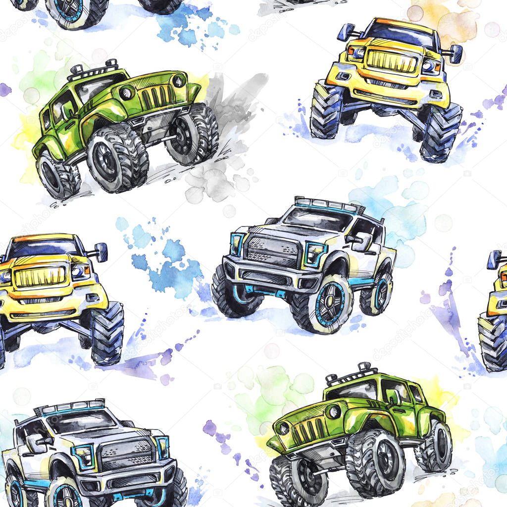 pattern Cartoon Monster Trucks. 