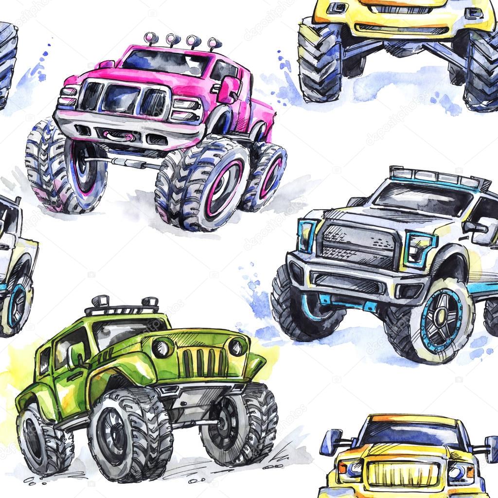 pattern Cartoon Monster Trucks. 