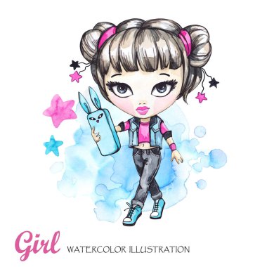 Watercolor card fashion girl with phone. clipart