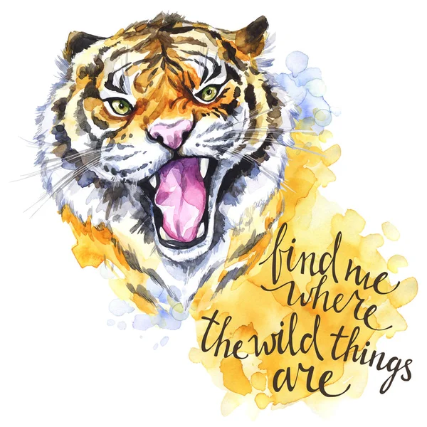 Watercolor roaring tiger with  inspiration phrase. — Stock Photo, Image