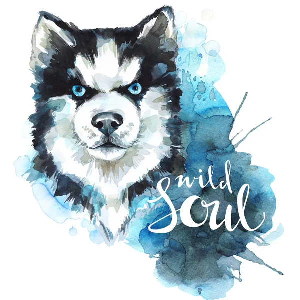 Watercolor Husky with words Wild Soul.