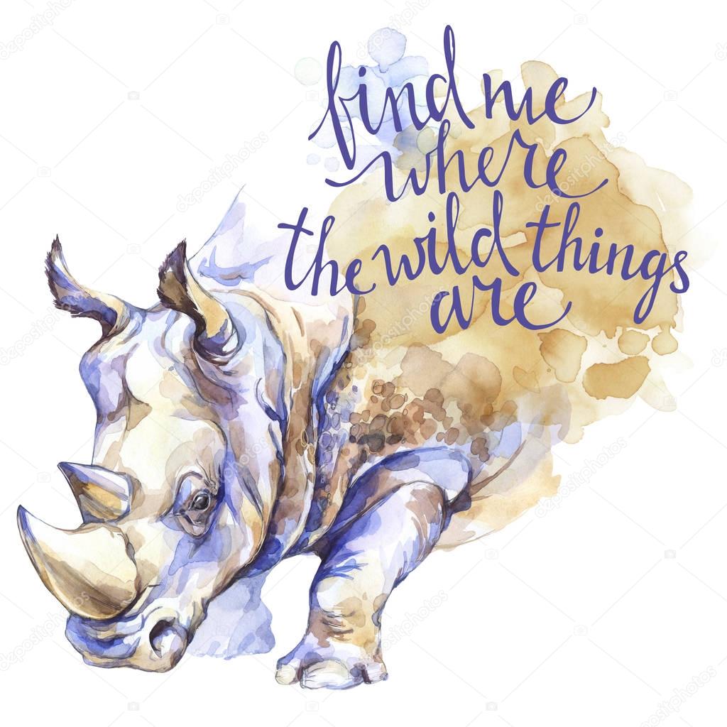 Watercolor rhinoceros with  inspiration phrase. 