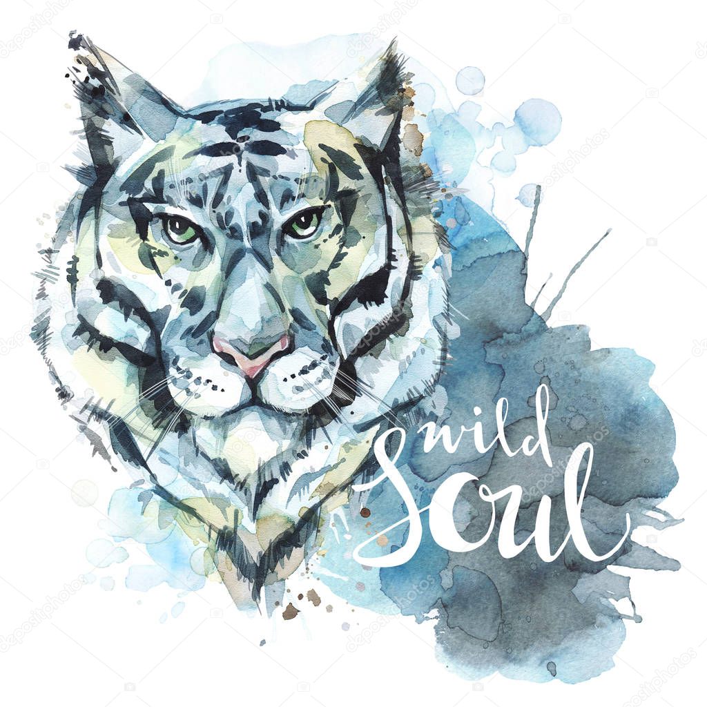 Watercolor tiger with  words Wild Soul. 